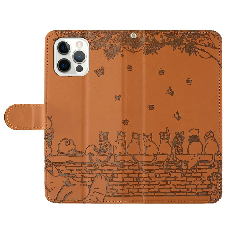 For iPhone 16 Pro Max Case with Wrist Strap Leather Phone Cover Wall Cats Pattern - Brown