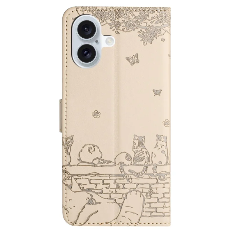 For iPhone 16 Case with Wrist Strap Leather Phone Cover Wall Cats Pattern - Apricot