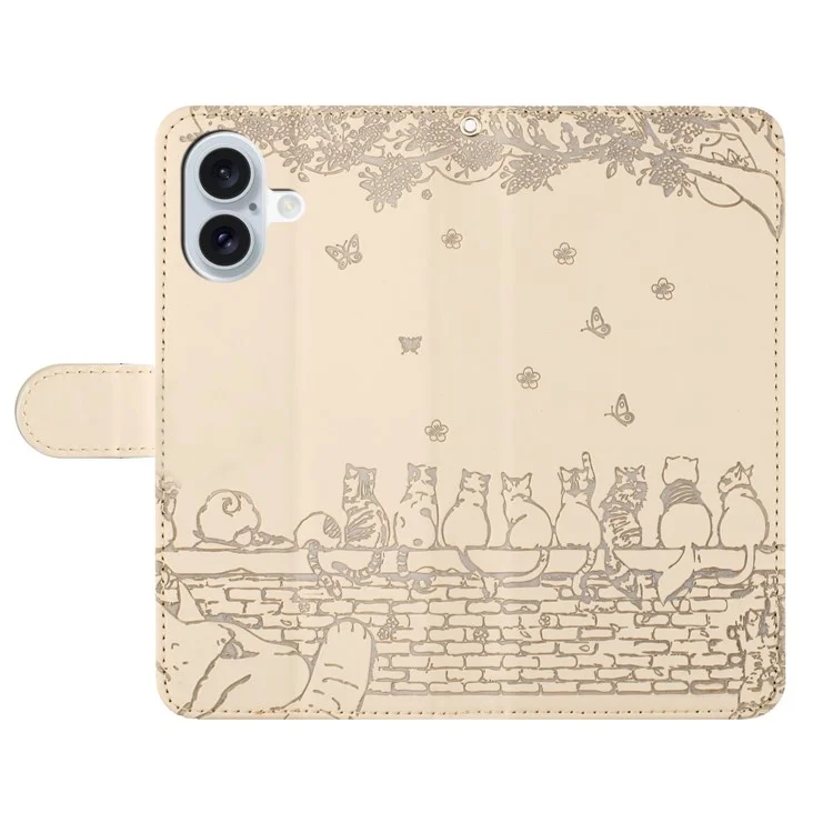For iPhone 16 Case with Wrist Strap Leather Phone Cover Wall Cats Pattern - Apricot
