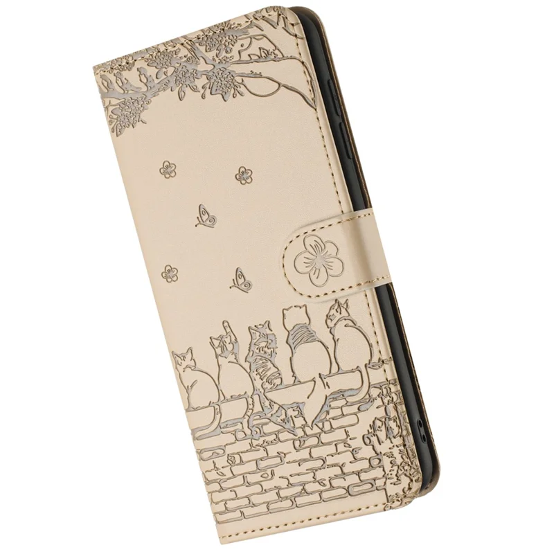 For iPhone 16 Case with Wrist Strap Leather Phone Cover Wall Cats Pattern - Apricot