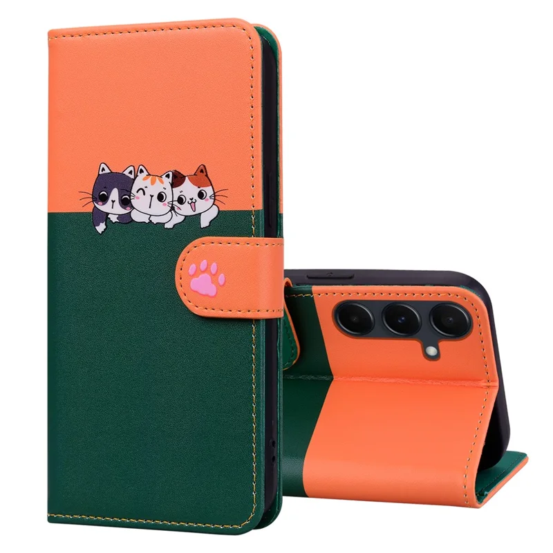 Cartoon Pet Series for Samsung Galaxy A55 5G Wallet Case Splicing Leather Phone Cover - Blackish Green