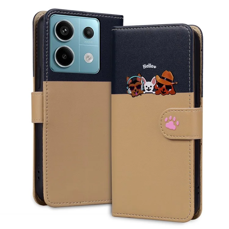 Cartoon Pet Series für Xiaomi Redmi Note 13 Pro 4G / Poco M6 Pro 4G Case Splicing Ledergeldbörse Handyhülle - Khaki