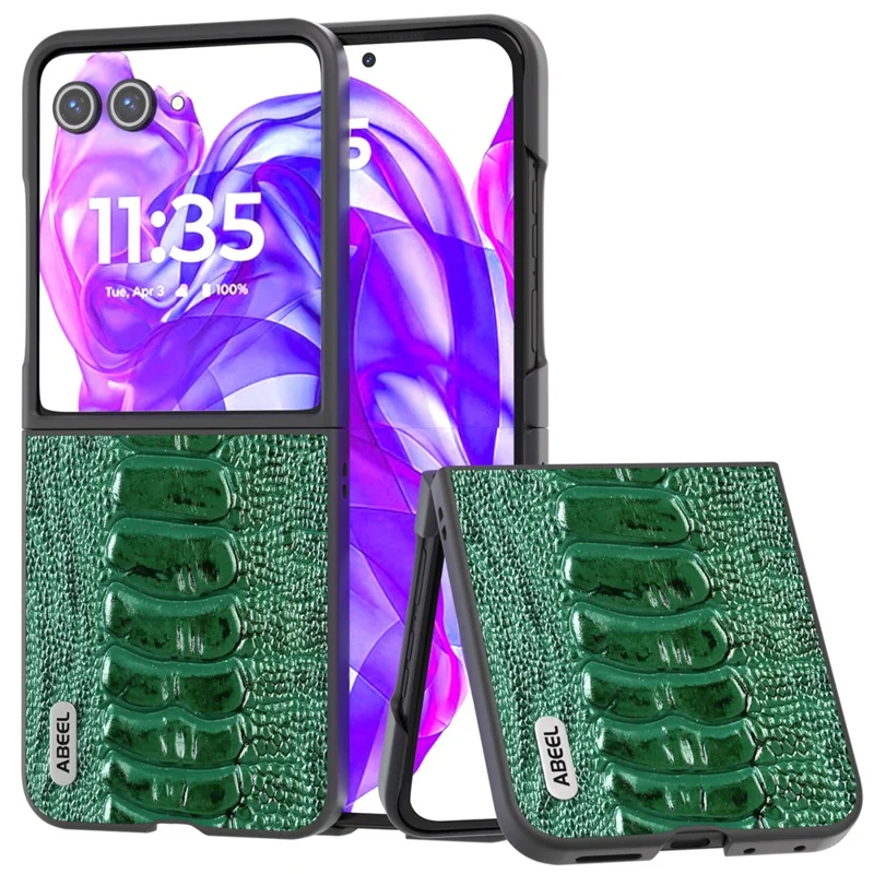 ABEEL For Motorola Razr 50 Ultra 5G Case Genuine Cow Leather+PC Cover Crocodile Texture - Green