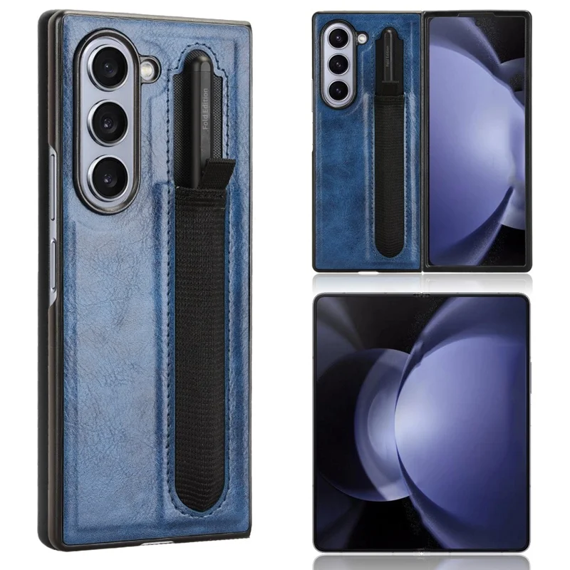 For Samsung Galaxy Z Fold6 5G Case Retro Leather Coated PC Phone Cover with Pens Slot - Blue