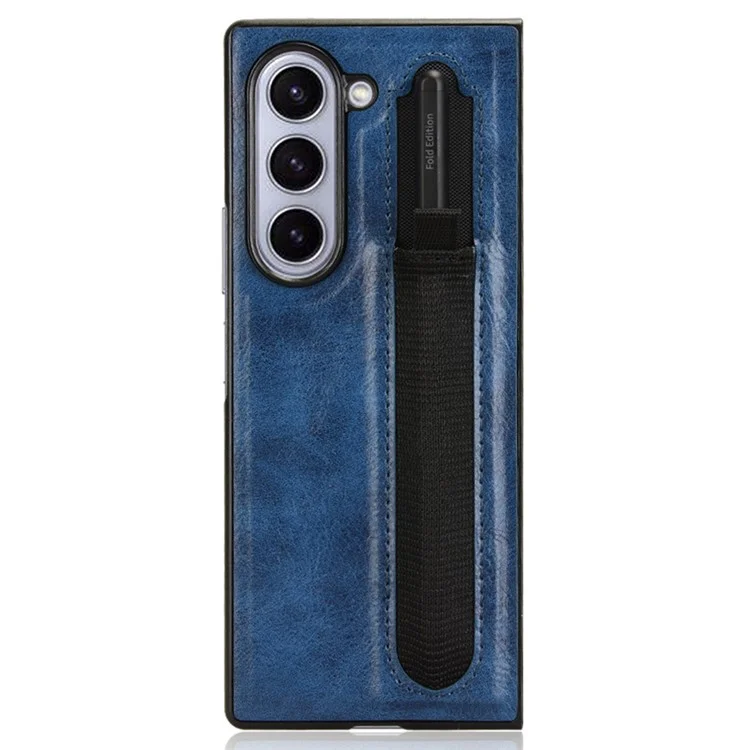 For Samsung Galaxy Z Fold6 5G Case Retro Leather Coated PC Phone Cover with Pens Slot - Blue