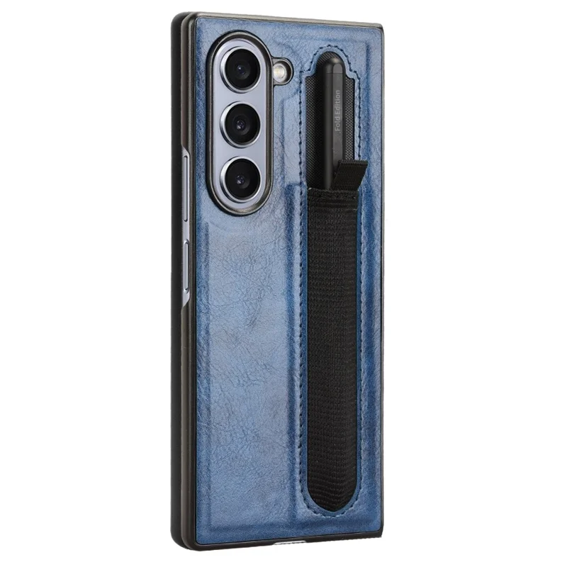 For Samsung Galaxy Z Fold6 5G Case Retro Leather Coated PC Phone Cover with Pens Slot - Blue