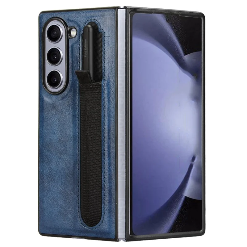 For Samsung Galaxy Z Fold6 5G Case Retro Leather Coated PC Phone Cover with Pens Slot - Blue