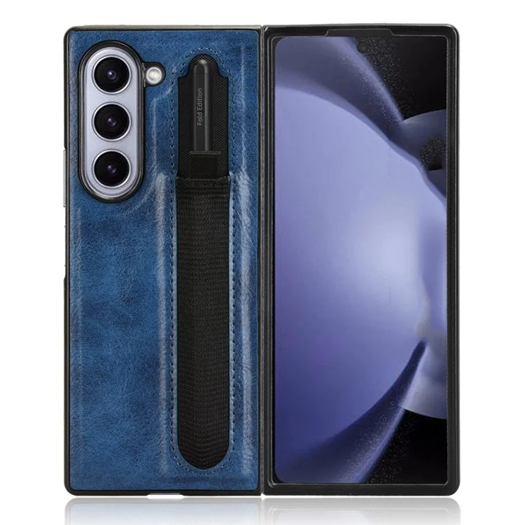 For Samsung Galaxy Z Fold6 5G Case Retro Leather Coated PC Phone Cover with Pens Slot - Blue