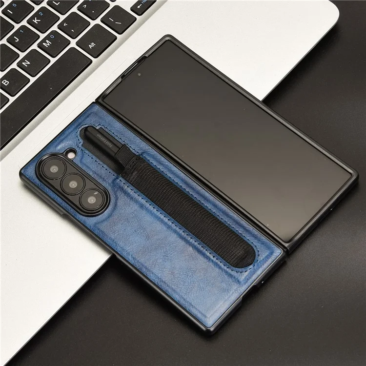 For Samsung Galaxy Z Fold6 5G Case Retro Leather Coated PC Phone Cover with Pens Slot - Blue