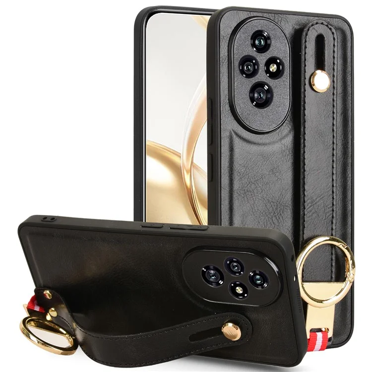 For Honor 200 5G Case Pulseira de Couro Revestido PC+TPU Tampa do Telefone com Abridor de Garrafas - Preto