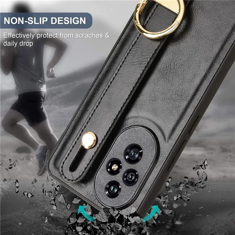 For Honor 200 5G Case Pulseira de Couro Revestido PC+TPU Tampa do Telefone com Abridor de Garrafas - Preto