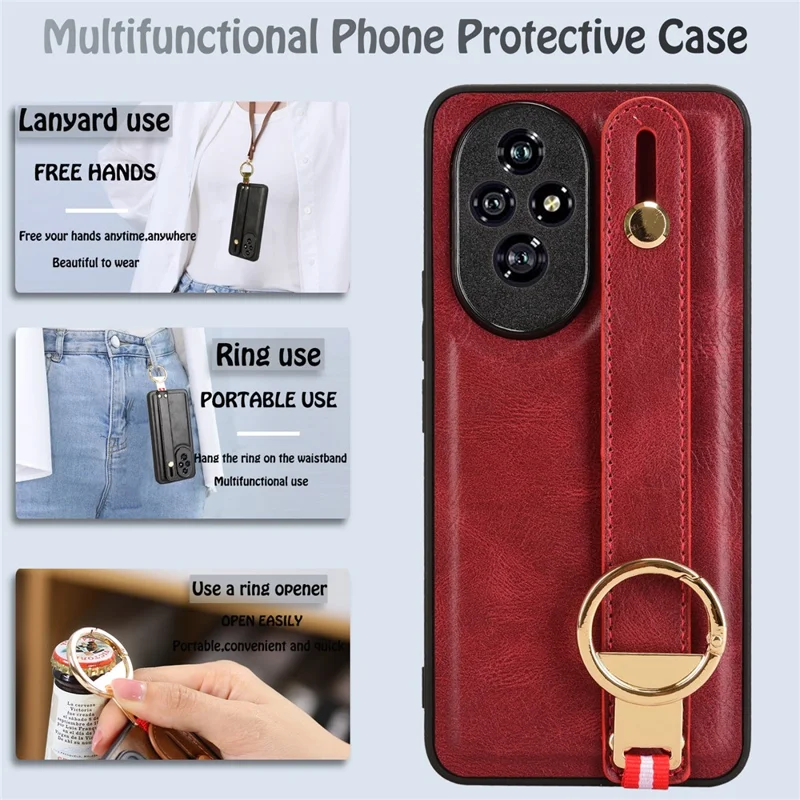 For Honor 200 5G Case Wristband Leather Coated PC+TPU Phone Cover with Bottle Opener - Red