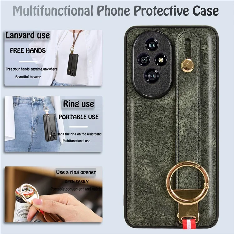 For Honor 200 Pro 5G Case Bottle Opener Wristband Kickstand Leather Back Cover - Green