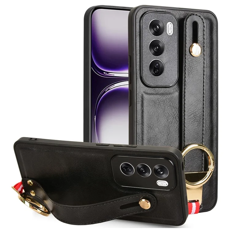 For Oppo Reno12 Pro 5G (Global) Case Leather Back Phone Cover with Bottle Opener Wristband - Black