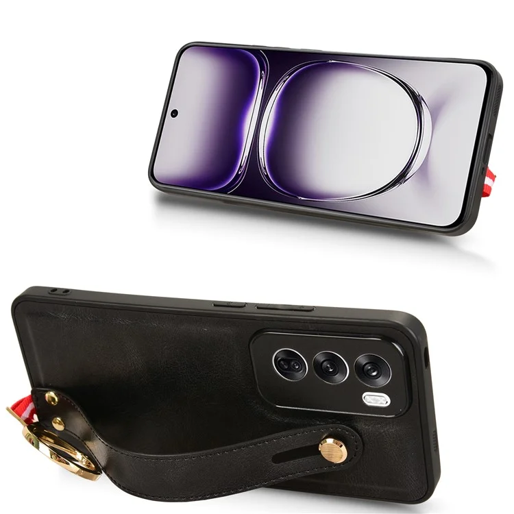 For Oppo Reno12 Pro 5G (Global) Case Leather Back Phone Cover with Bottle Opener Wristband - Black