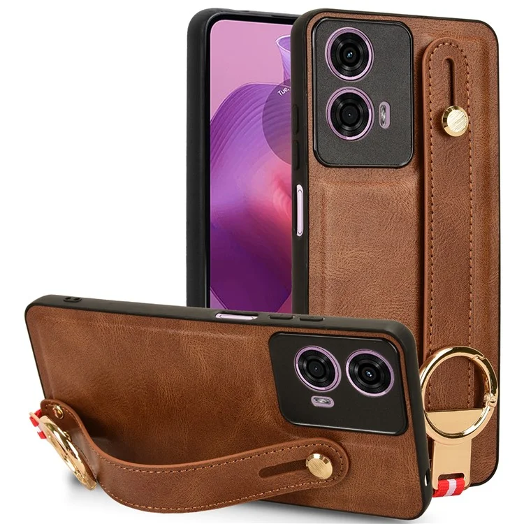 For Motorola Moto E14 4G Case Wristband PU Leather Coated PC+TPU Phone Cover - Brown