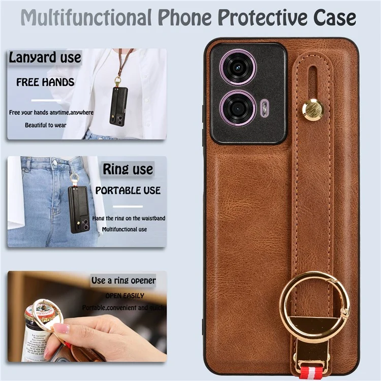 For Motorola Moto E14 4G Case Wristband PU Leather Coated PC+TPU Phone Cover - Brown