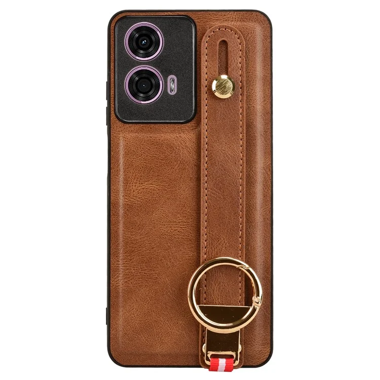 For Motorola Moto E14 4G Case Wristband PU Leather Coated PC+TPU Phone Cover - Brown