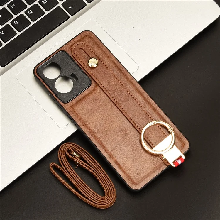 For Motorola Moto E14 4G Case Wristband PU Leather Coated PC+TPU Phone Cover - Brown