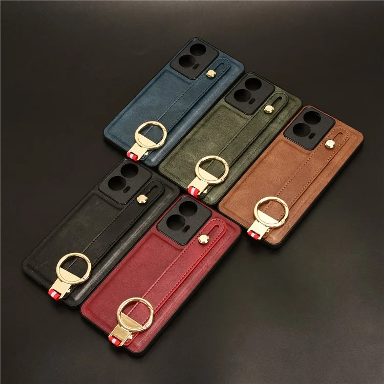 For Motorola Moto E14 4G Case Wristband PU Leather Coated PC+TPU Phone Cover - Brown