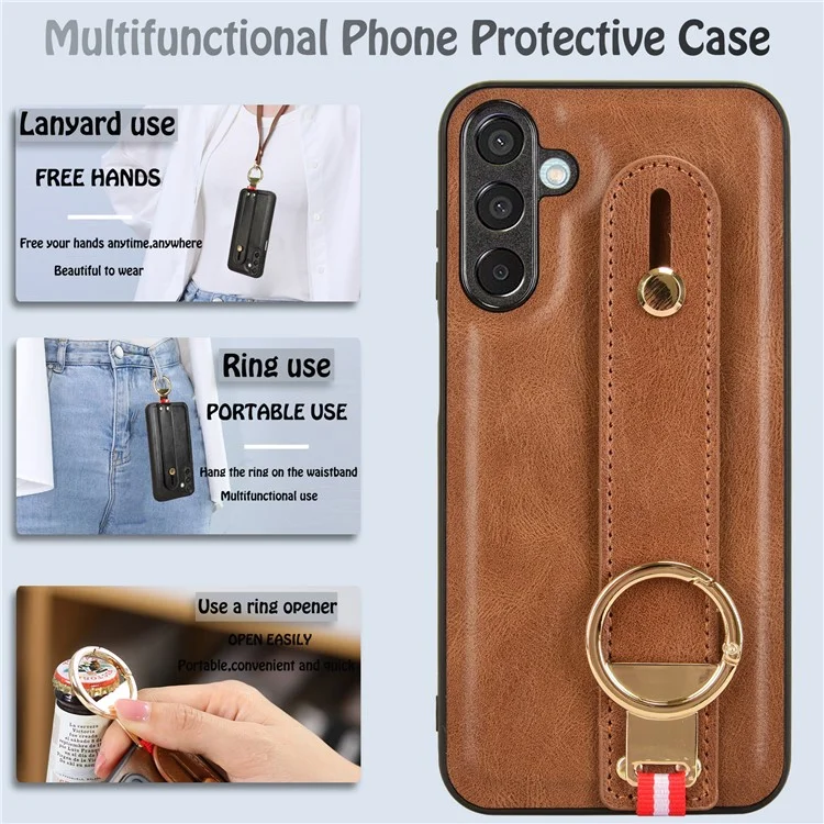 Per Samsung Galaxy M15 5G Case Bottiglia Opener Polso Pelle+PC+TPU Custodia telefonica - Marrone