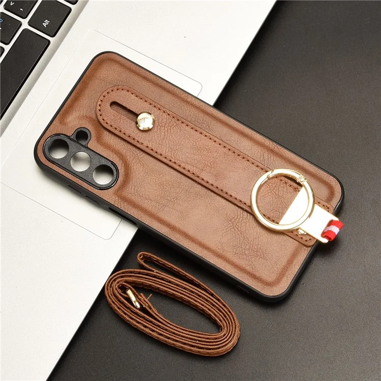 Per Samsung Galaxy M15 5G Case Bottiglia Opener Polso Pelle+PC+TPU Custodia telefonica - Marrone