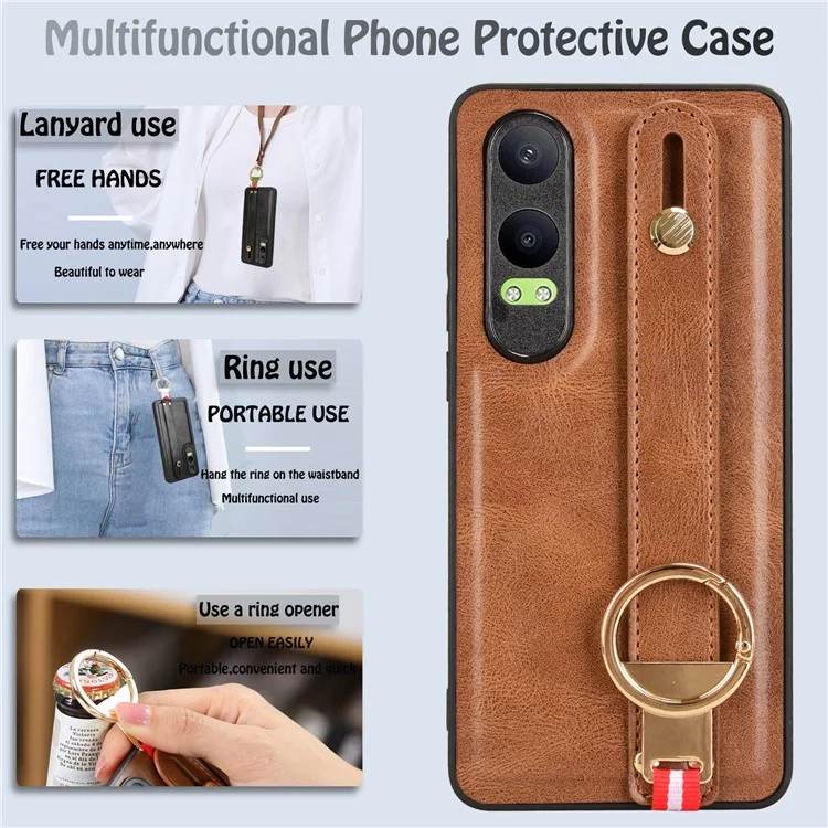 Pour OnePlus Nord CE4 Lite 5G / Oppo K12x 5G (Chine) Étui Bracelet Support en Cuir+PC+TPU - Marron