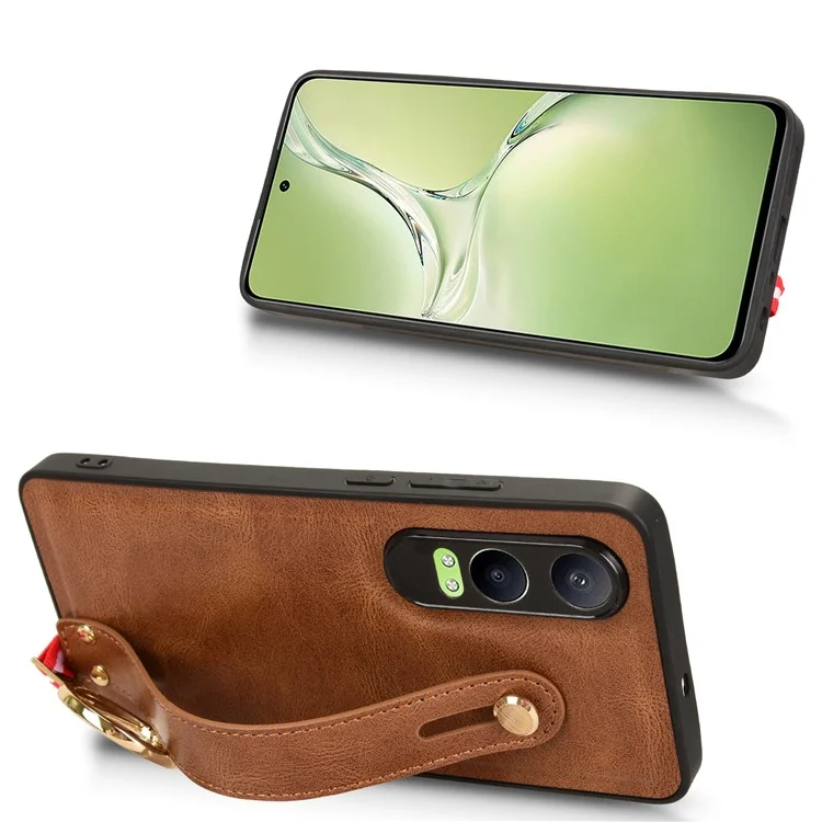 Pour OnePlus Nord CE4 Lite 5G / Oppo K12x 5G (Chine) Étui Bracelet Support en Cuir+PC+TPU - Marron
