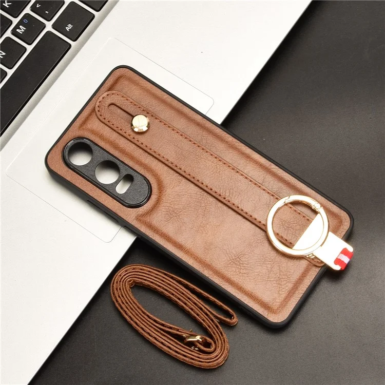 Pour OnePlus Nord CE4 Lite 5G / Oppo K12x 5G (Chine) Étui Bracelet Support en Cuir+PC+TPU - Marron