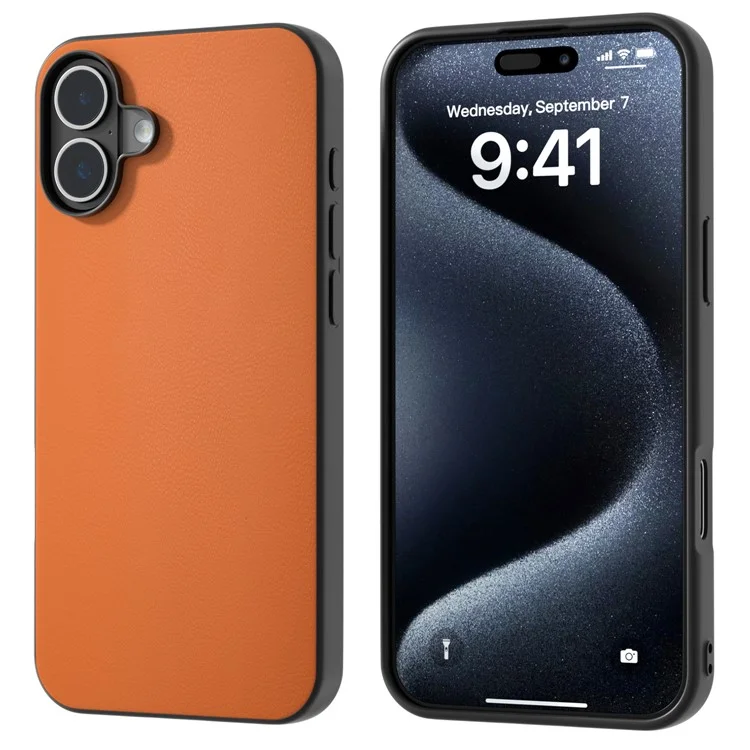 For iPhone 16 Plus Case Anti-Scratch Leather Coated TPU+PC Phone Cover - Orange