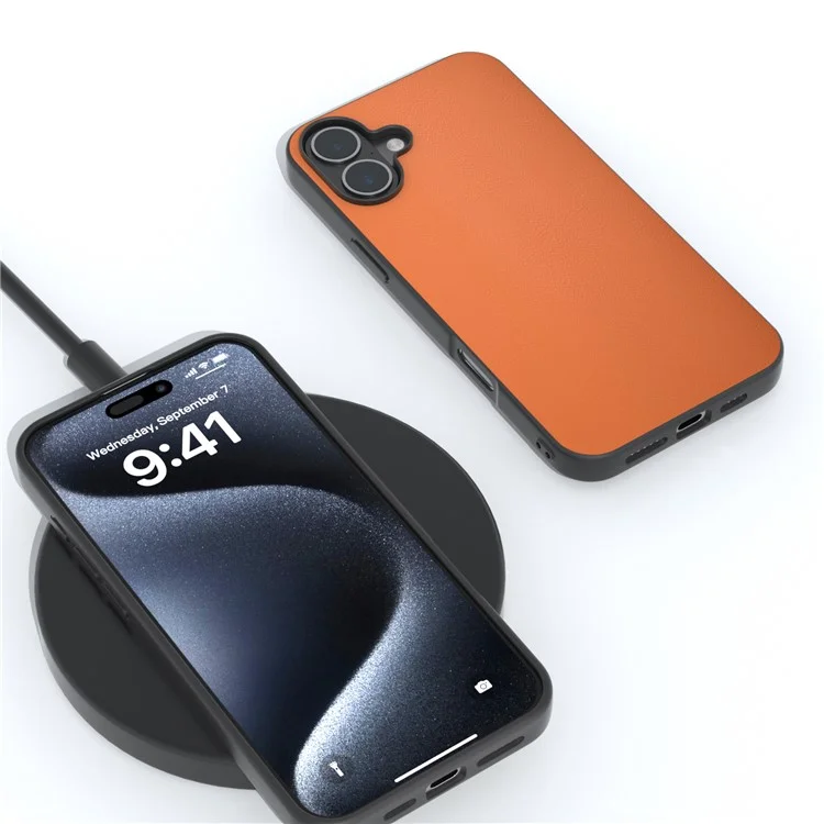 For iPhone 16 Plus Case Anti-Scratch Leather Coated TPU+PC Phone Cover - Orange