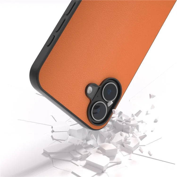 For iPhone 16 Plus Case Anti-Scratch Leather Coated TPU+PC Phone Cover - Orange