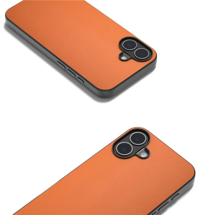 For iPhone 16 Plus Case Anti-Scratch Leather Coated TPU+PC Phone Cover - Orange