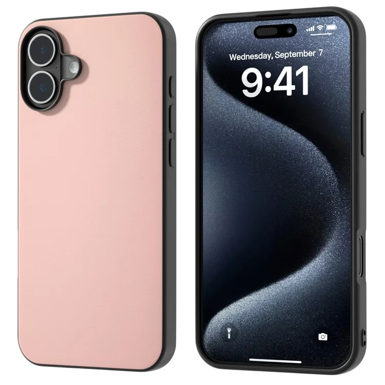 Чехол для iPhone 16 Plus Anti-scratch Leather Coated TPU+PC Phone Cover - Light Pink