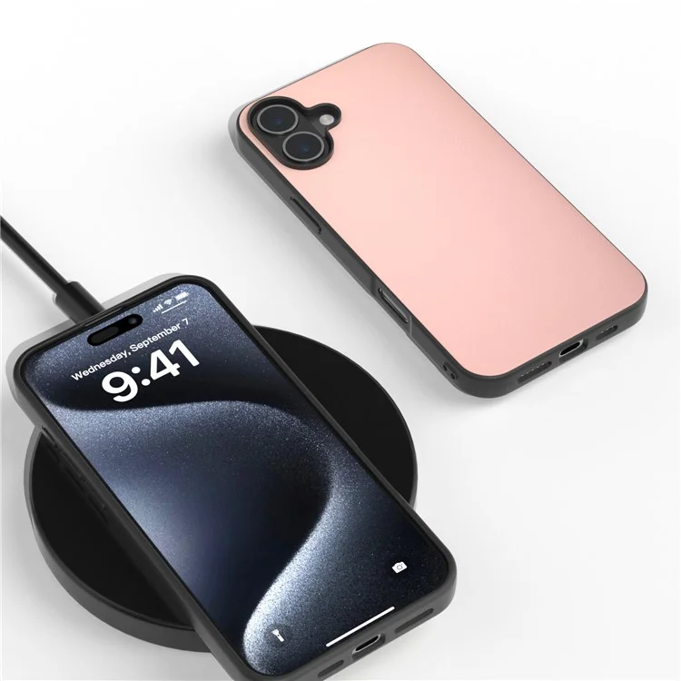 Чехол для iPhone 16 Plus Anti-scratch Leather Coated TPU+PC Phone Cover - Light Pink