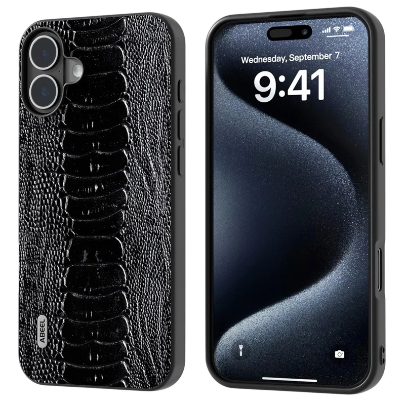 ABEEL Pour iPhone 16 Plus Case Genuine Cow Leather Back Phone Cover Crocodile Texture - Noir