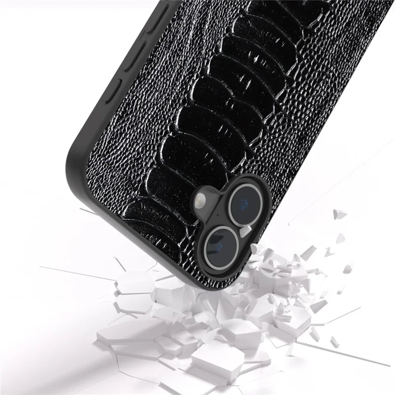 ABEEL Pour iPhone 16 Plus Case Genuine Cow Leather Back Phone Cover Crocodile Texture - Noir