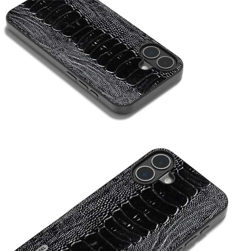ABEEL Pour iPhone 16 Plus Case Genuine Cow Leather Back Phone Cover Crocodile Texture - Noir
