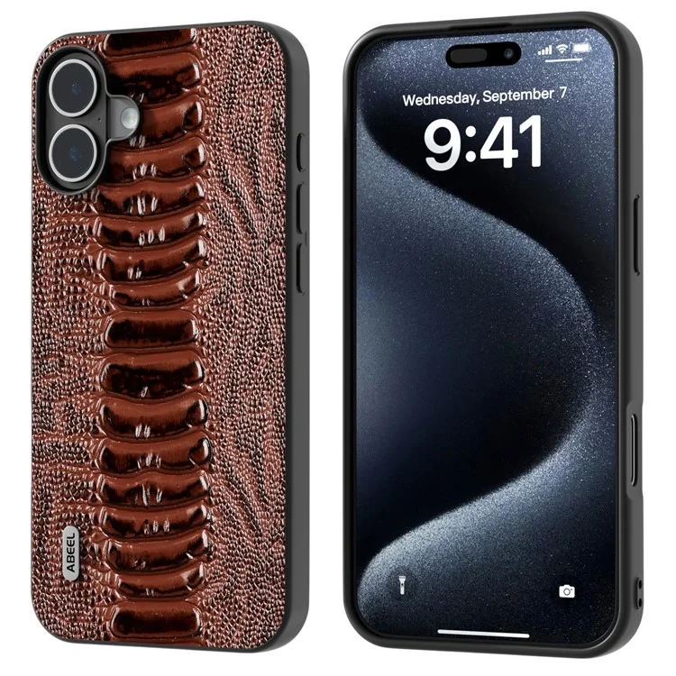 ABEEL Para iPhone 16 Funda Textura de Cocodrilo Cuero Genuino de Vaca Revestido Funda de Teléfono - Café