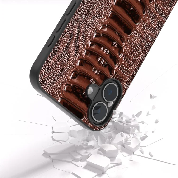 ABEEL Para iPhone 16 Funda Textura de Cocodrilo Cuero Genuino de Vaca Revestido Funda de Teléfono - Café