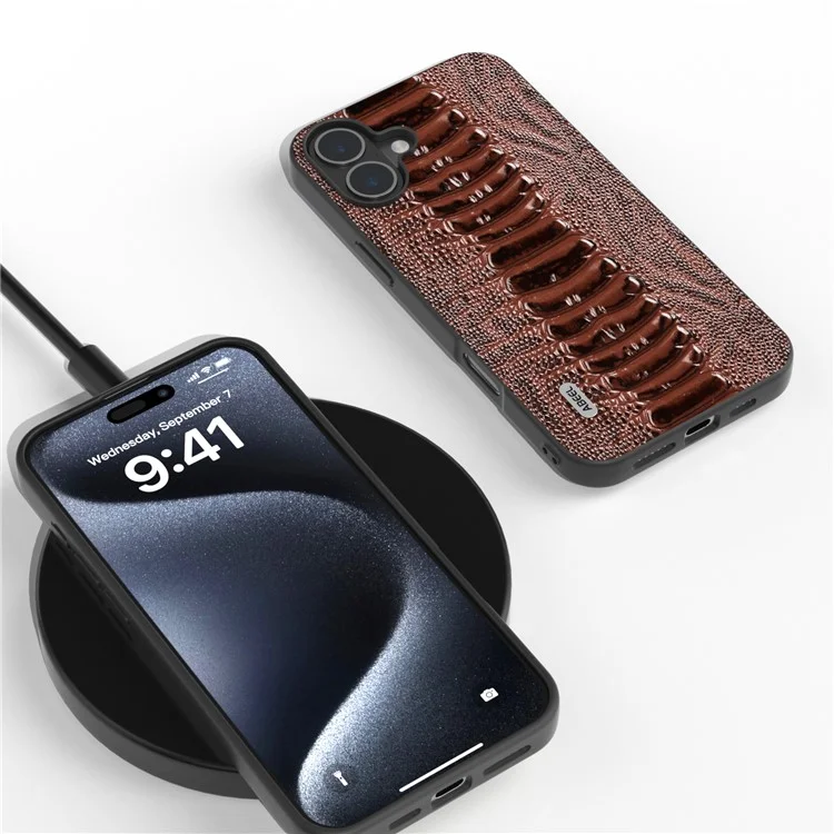 ABEEL Para iPhone 16 Funda Textura de Cocodrilo Cuero Genuino de Vaca Revestido Funda de Teléfono - Café