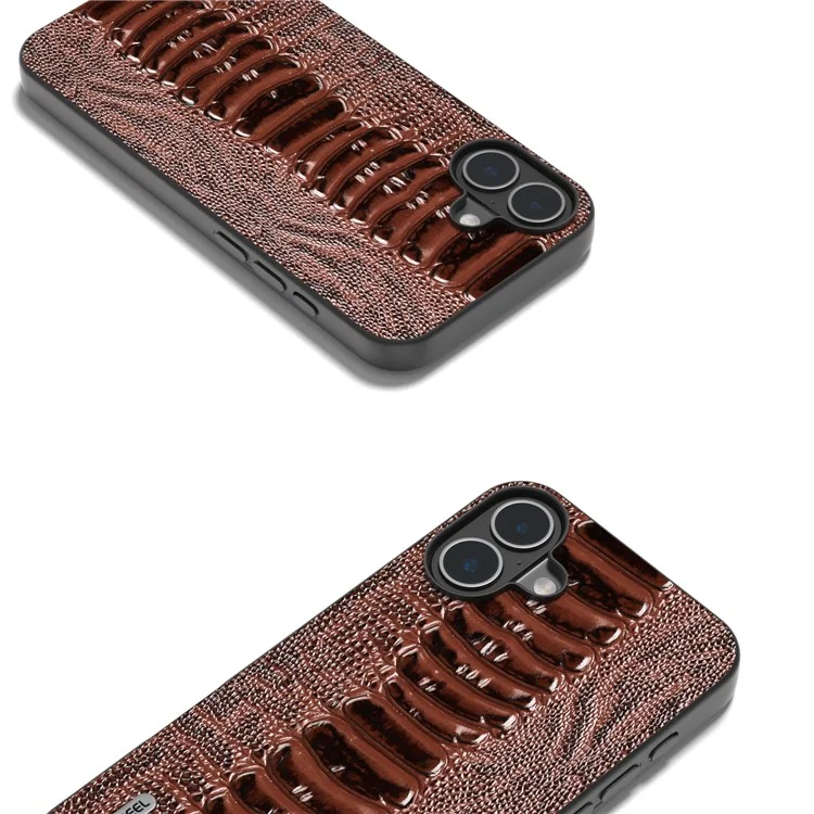 ABEEL Para iPhone 16 Funda Textura de Cocodrilo Cuero Genuino de Vaca Revestido Funda de Teléfono - Café