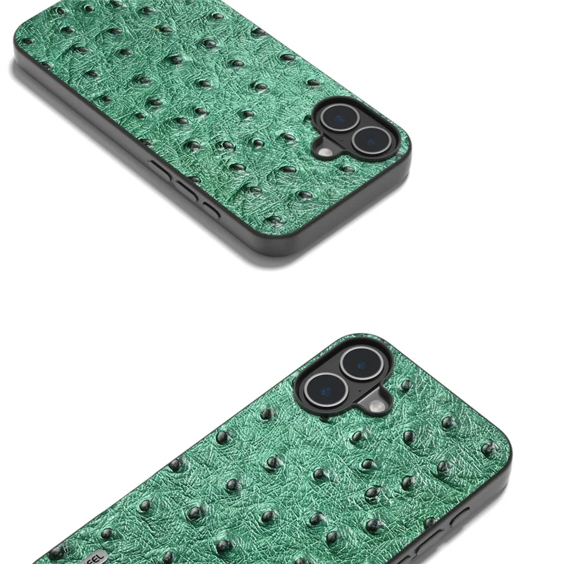 ABEEL For iPhone 16 Plus Case Ostrich Texture Genuine Cow Leather Back Phone Cover - Grün