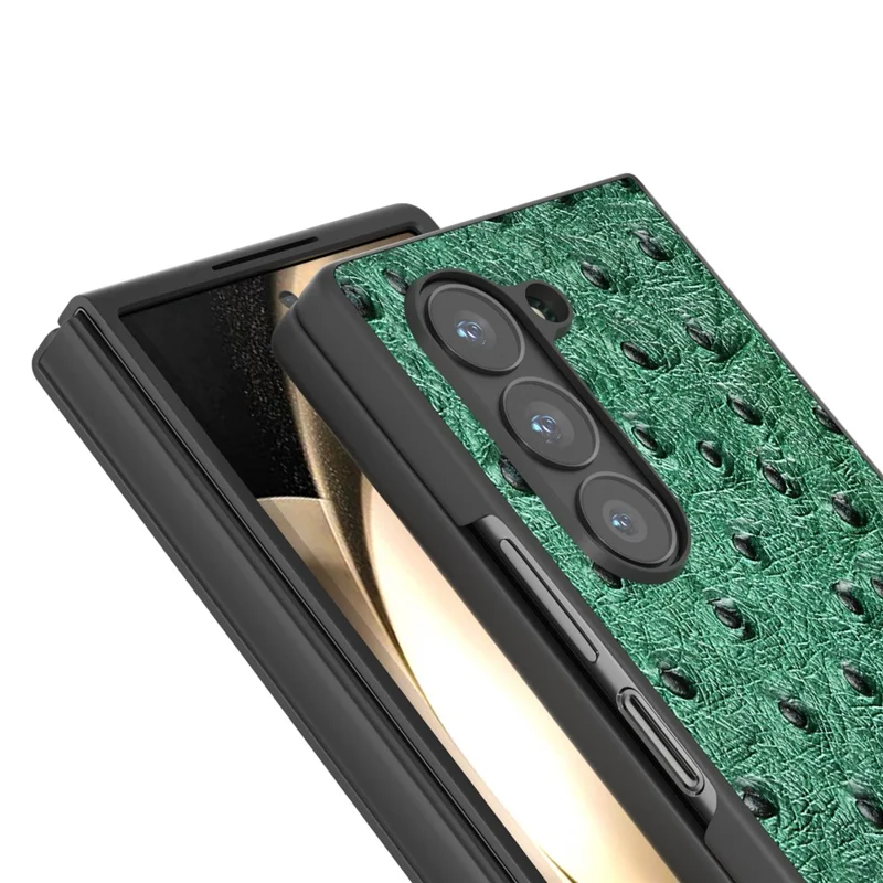 ABEEL For Samsung Galaxy Z Fold6 5G Case Genuine Cow Leather+PC Cover Ostrich Texture - Green