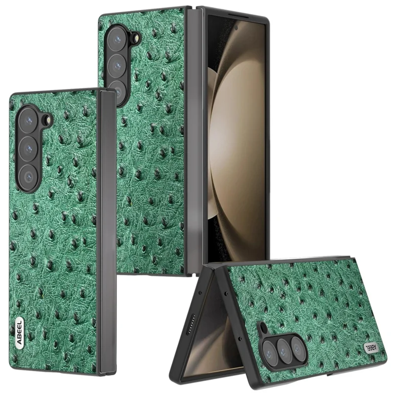 ABEEL For Samsung Galaxy Z Fold6 5G Case Genuine Cow Leather+PC Cover Ostrich Texture - Green