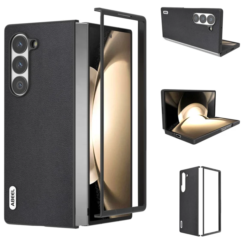 ABEEL For Samsung Galaxy Z Fold6 5G Case Genuine Cow Leather+PC Phone Cover - Black