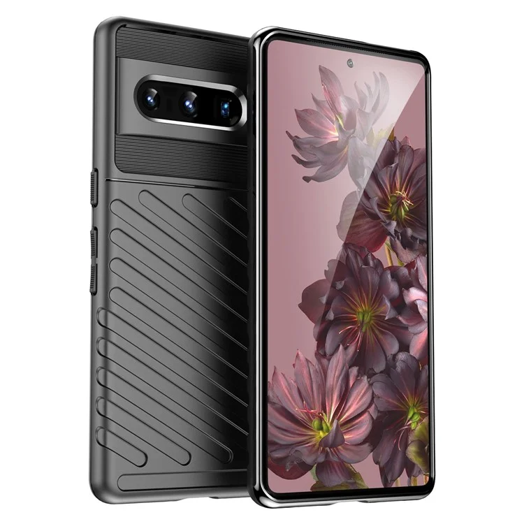 Для Google Pixel 7 Pro Thunder Series Twill Texture Phone Case Thickened TPU Anti-fingerprint Shockproof Cover - Black