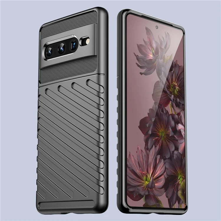 Для Google Pixel 7 Pro Thunder Series Twill Texture Phone Case Thickened TPU Anti-fingerprint Shockproof Cover - Black