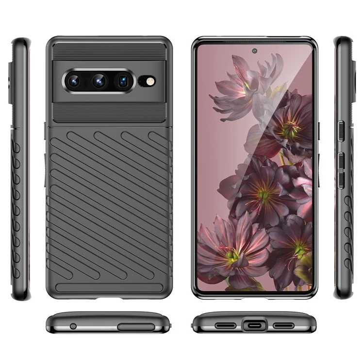 Для Google Pixel 7 Pro Thunder Series Twill Texture Phone Case Thickened TPU Anti-fingerprint Shockproof Cover - Black
