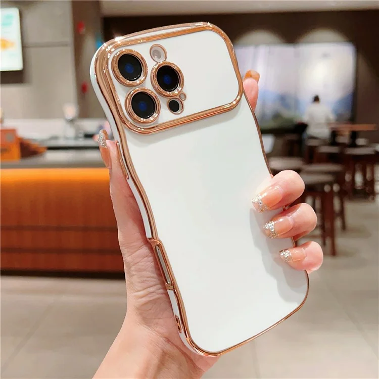 For iPhone 16 Pro Case Large Window TPU Phone Cover Electroplating Wave Frame Design - Ivory White